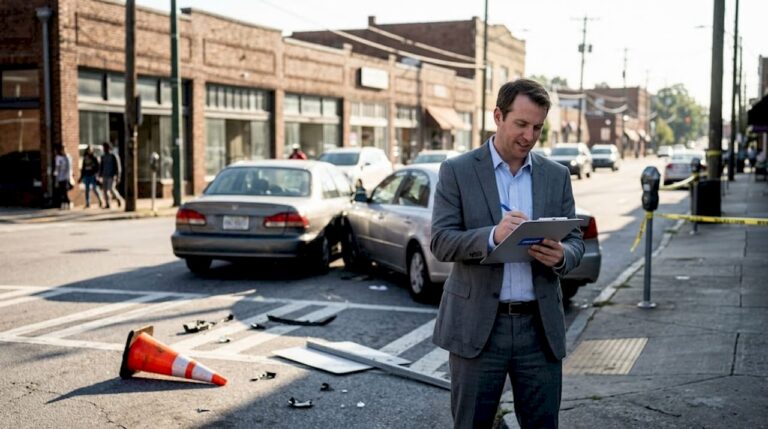 Insurance adjuster surveys recent Atlanta car accident