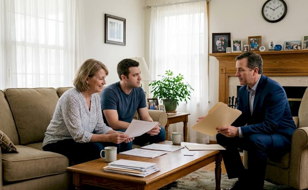 Family meeting with lawyer in home setting