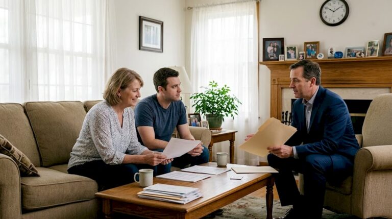 Family meeting with lawyer in home setting