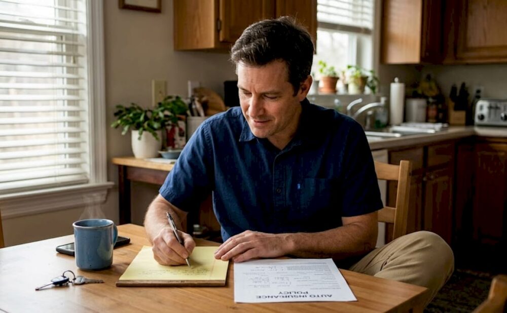 Man reviewing insurance policy at home