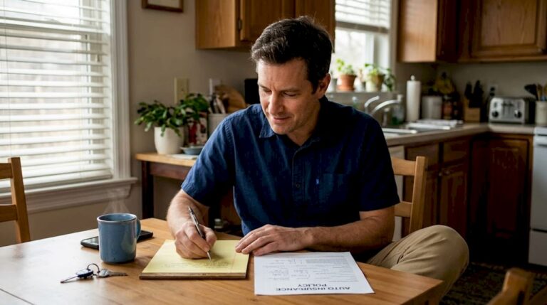 Man reviewing insurance policy at home