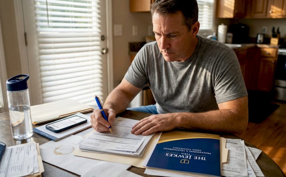 Man organizing injury claim documents at home
