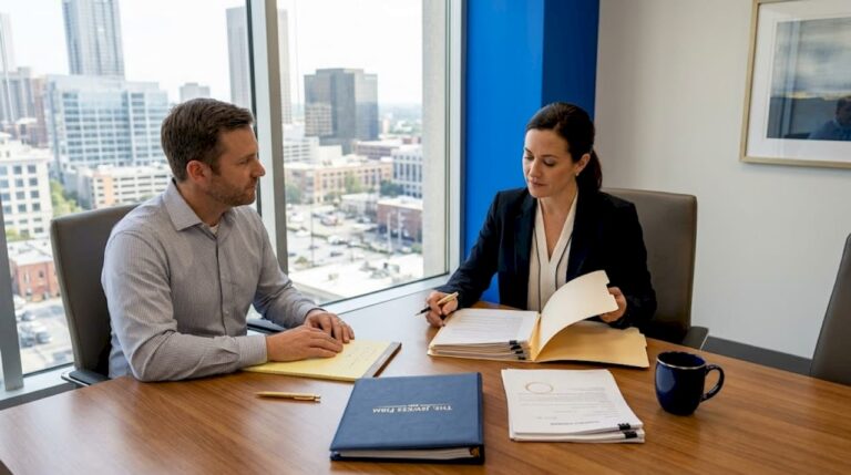 Attorney consulting client in Georgia office