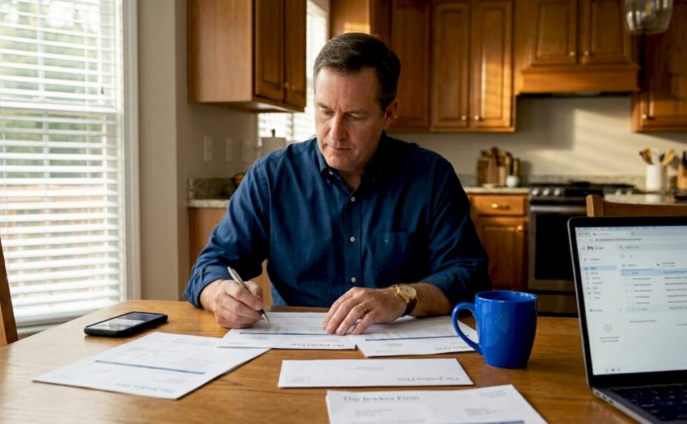 Man preparing accident claim paperwork at home