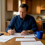 Man preparing accident claim paperwork at home