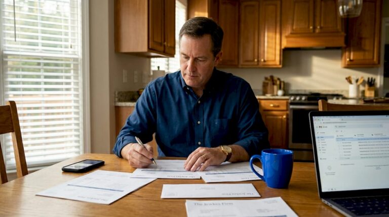 Man preparing accident claim paperwork at home