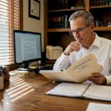 Attorney reviewing injury case documents at desk