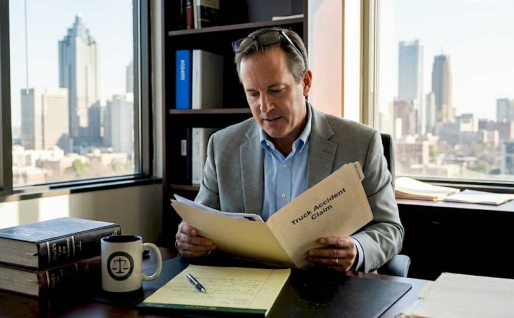 Attorney reviewing trucking accident claim paperwork