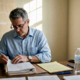 Attorney reviews injury case files at desk