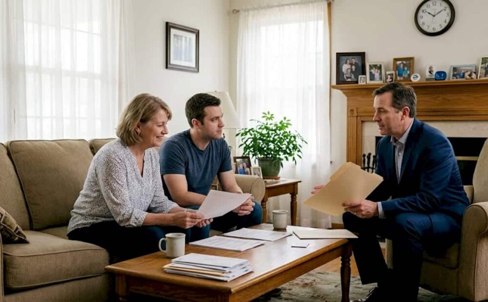 Family meeting with lawyer in home setting