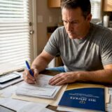 Man organizing injury claim documents at home