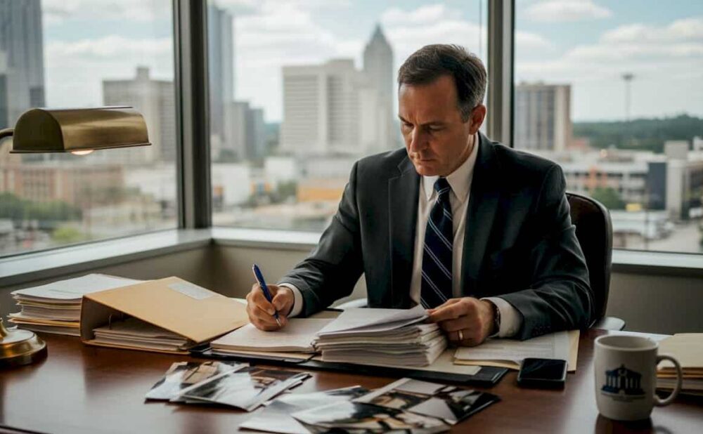 Attorney reviews personal injury evidence at desk