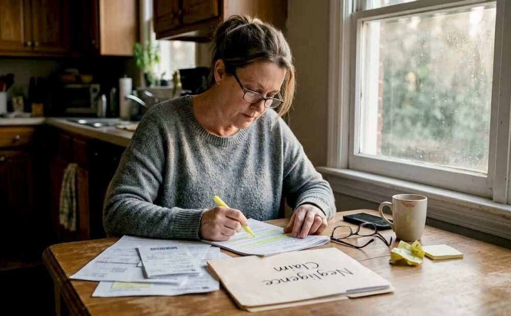 Woman organizing Georgia injury paperwork at kitchen table