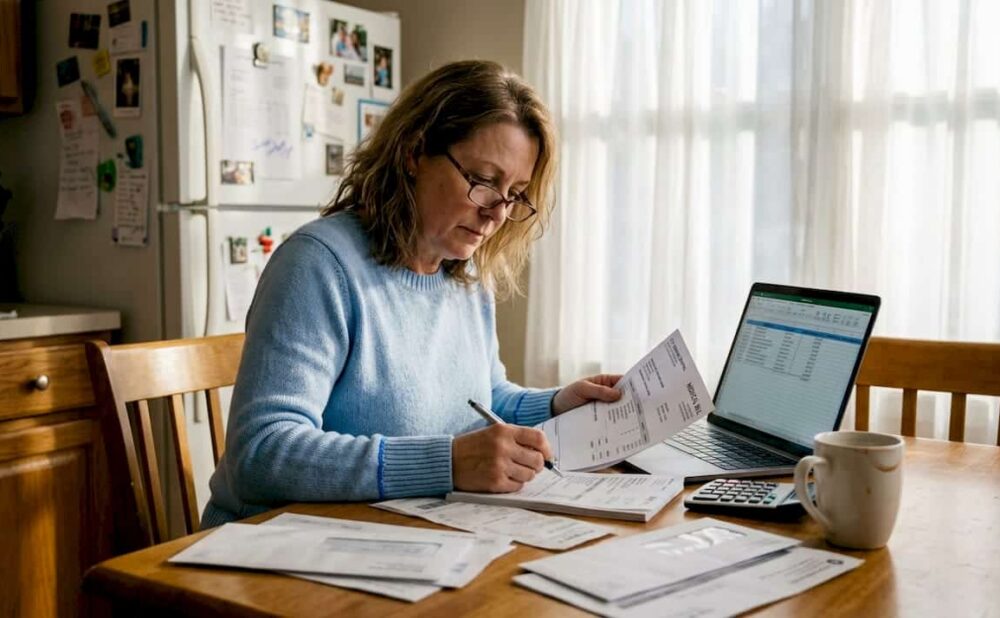 Woman reviewing personal injury documents at kitchen table