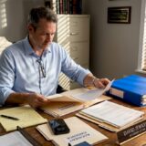Attorney organizing accident evidence paperwork