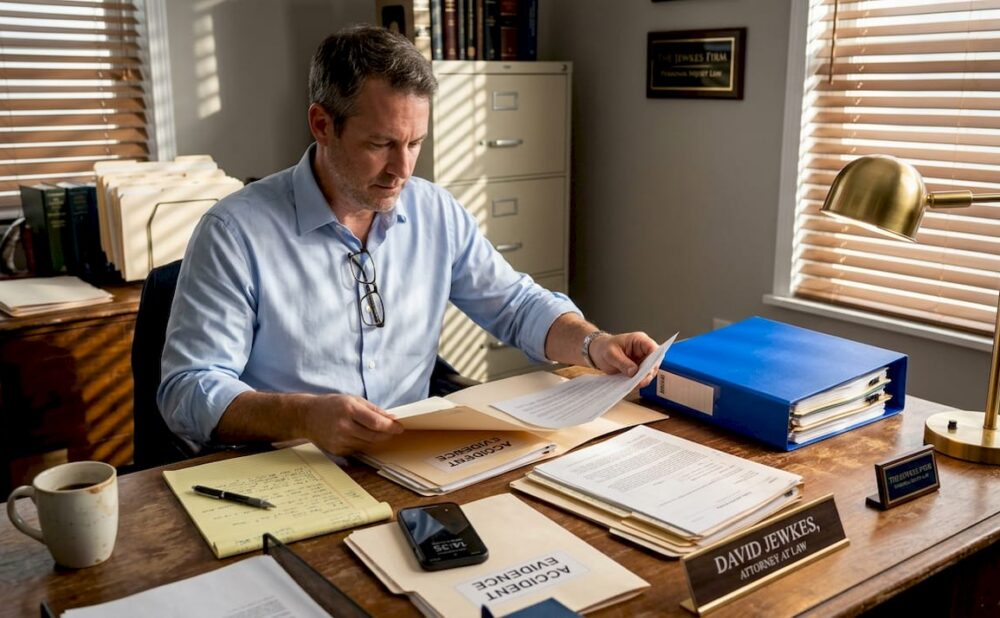 Attorney organizing accident evidence paperwork