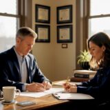 Attorney consulting injury victim in office