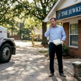 Man by damaged semi truck at legal office