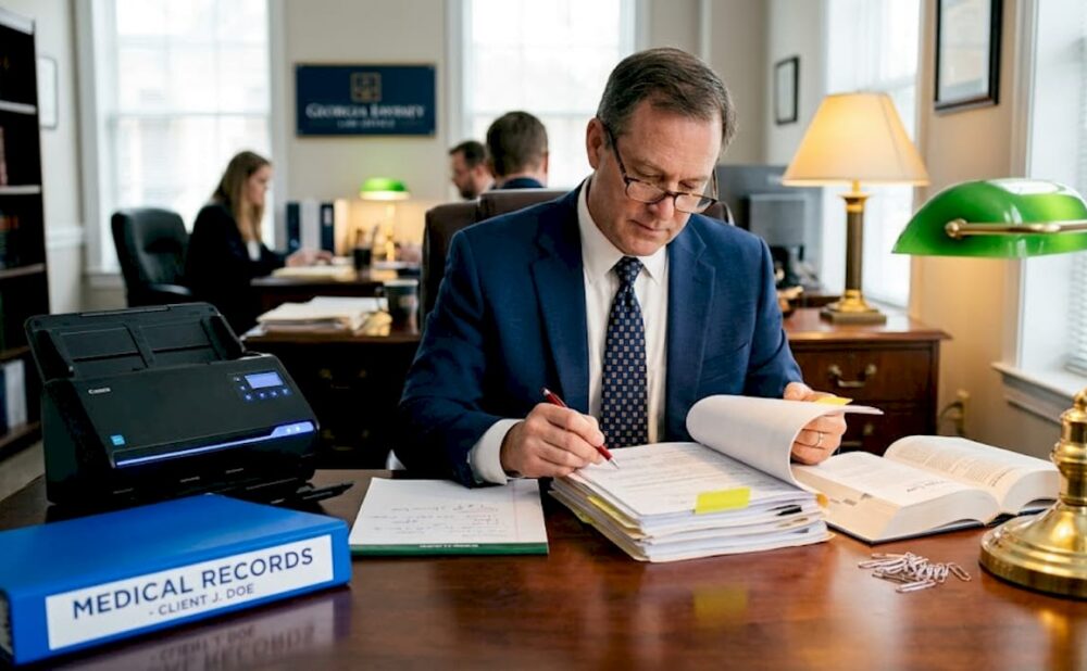 Attorney reviewing medical files in law office