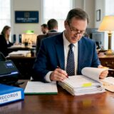 Attorney reviewing medical files in law office