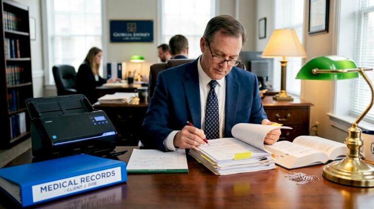 Attorney reviewing medical files in law office