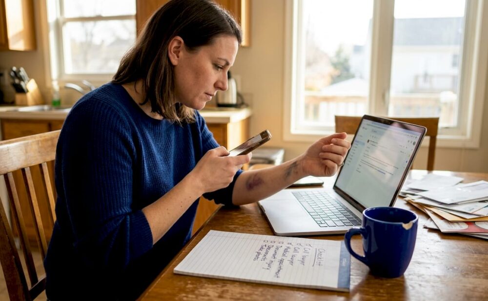 Woman documenting injury at kitchen table