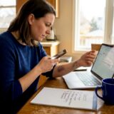 Woman documenting injury at kitchen table