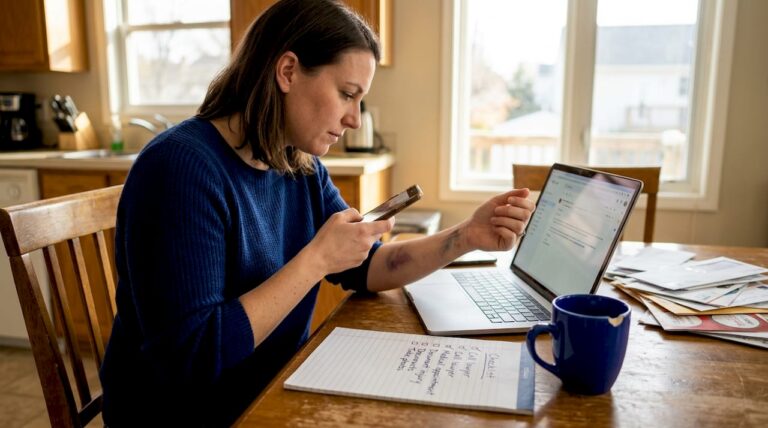 Woman documenting injury at kitchen table