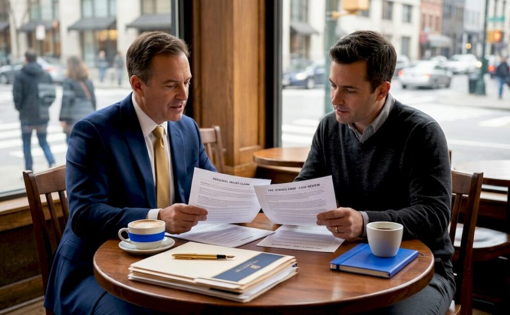 Attorney and client review documents in office