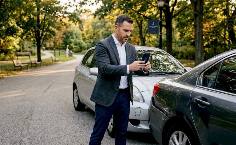 Driver documenting car accident scene