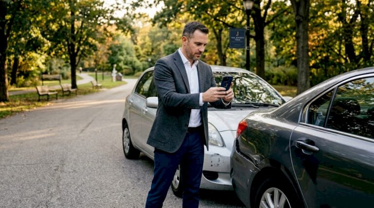 Driver documenting car accident scene