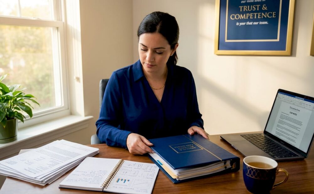 Paralegal organizing medical notes and records