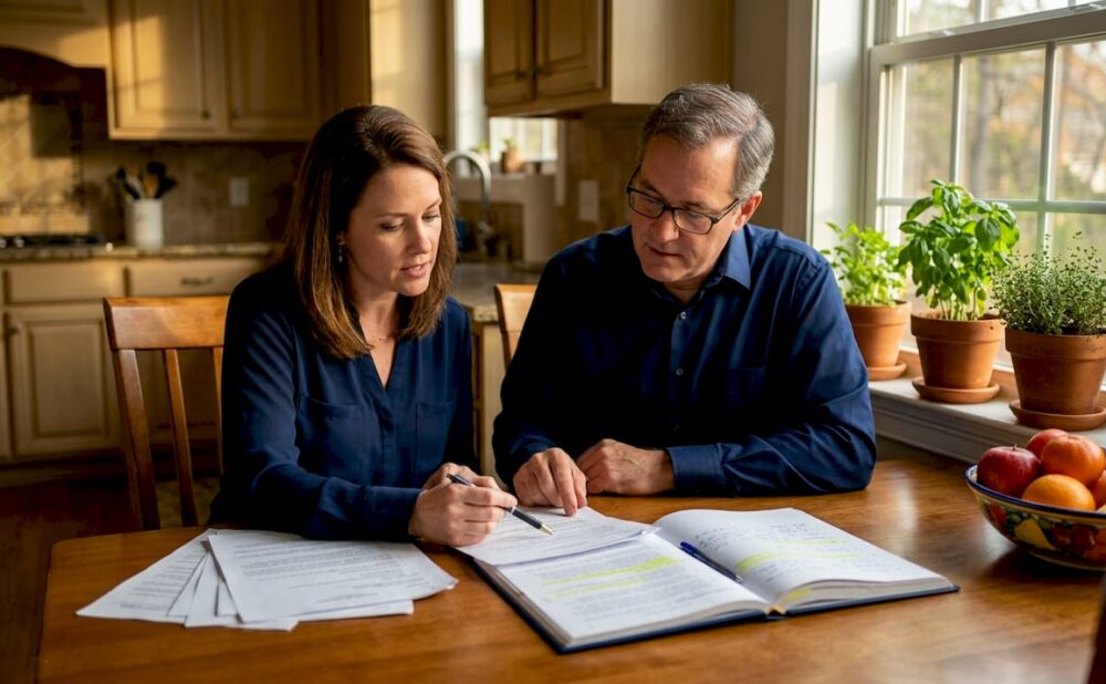 Family reviewing legal documents at home table
