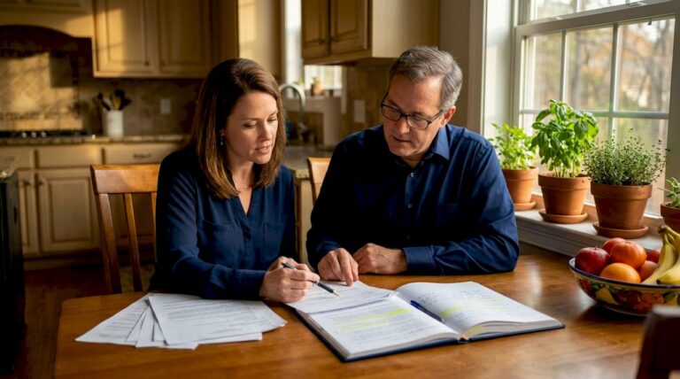 Family reviewing legal documents at home table