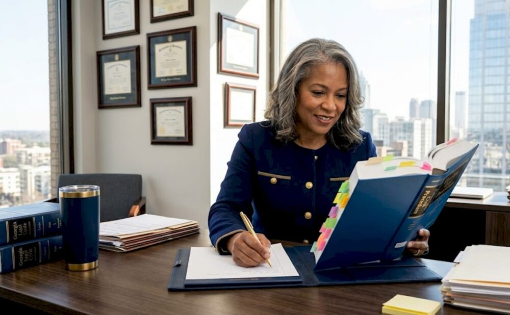 Attorney referencing medical law at office desk