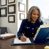 Attorney referencing medical law at office desk