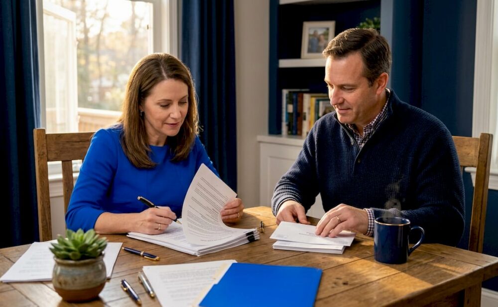 Couple organizing papers at kitchen table