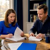 Couple organizing papers at kitchen table