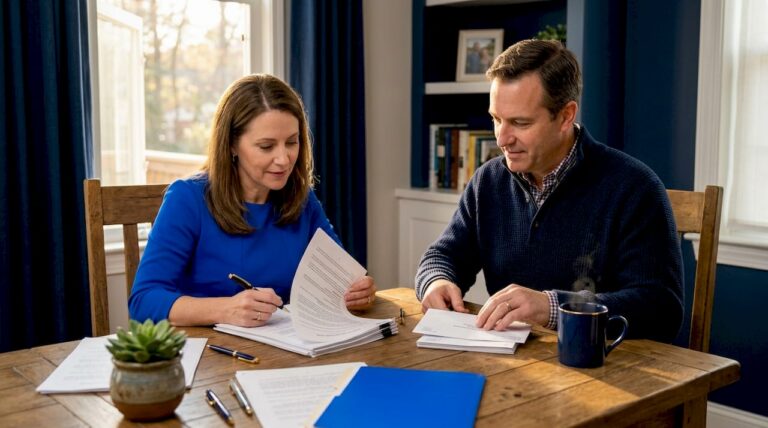 Couple organizing papers at kitchen table