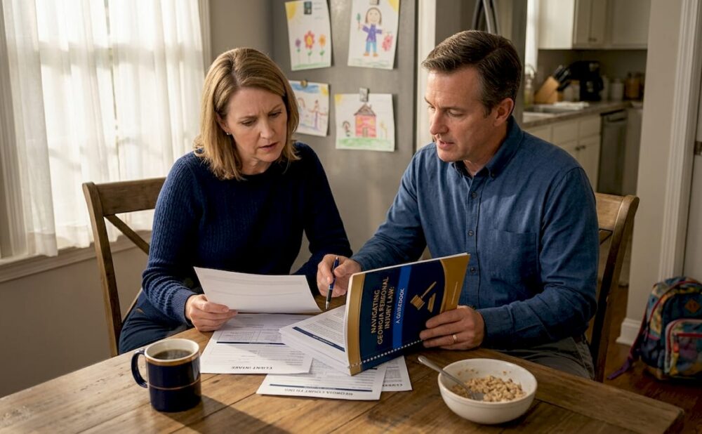 Family reviewing legal documents at kitchen table