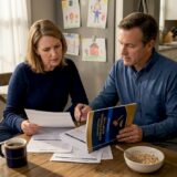 Family reviewing legal documents at kitchen table