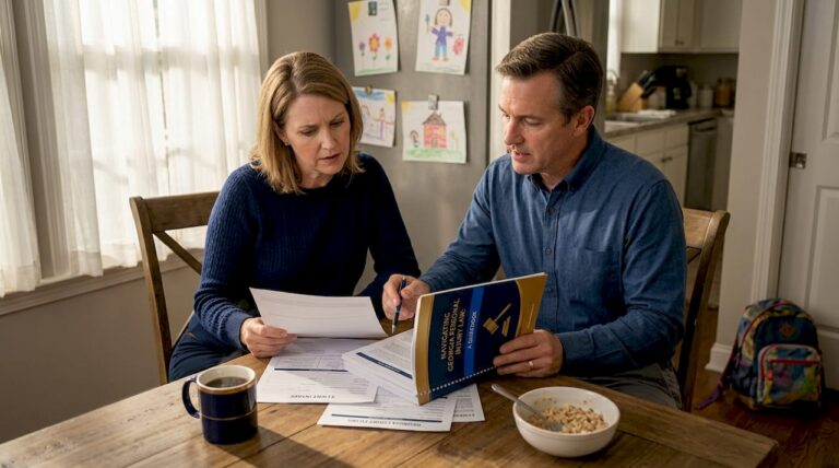 Family reviewing legal documents at kitchen table