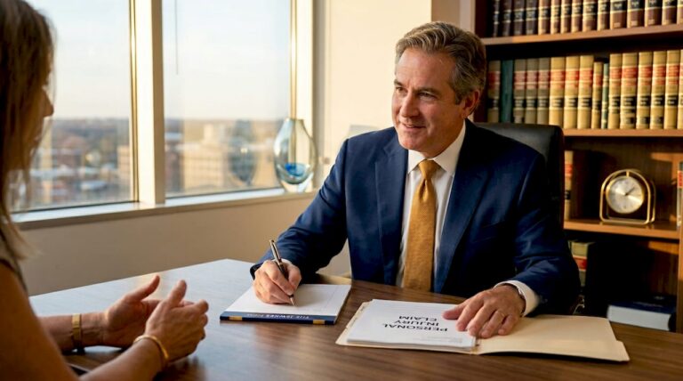 Attorney consulting client about injury claim