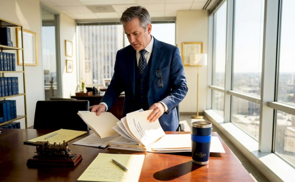 Attorney organizing legal documents on train claims