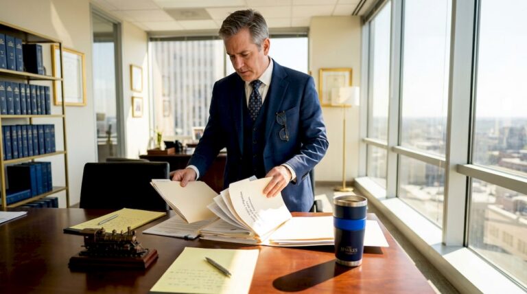 Attorney organizing legal documents on train claims