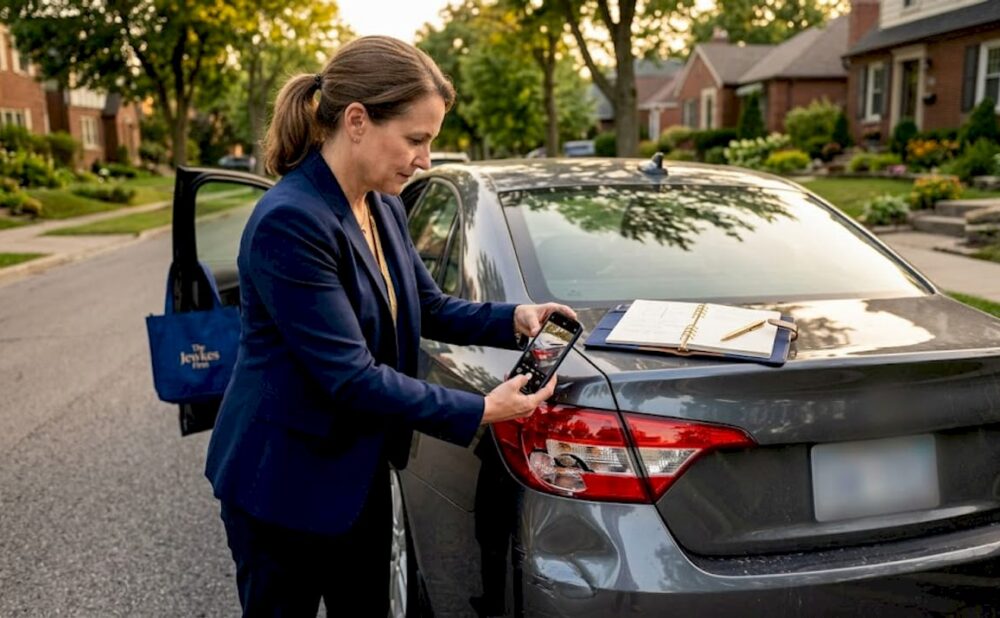 Woman documenting car accident evidence
