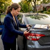 Woman documenting car accident evidence