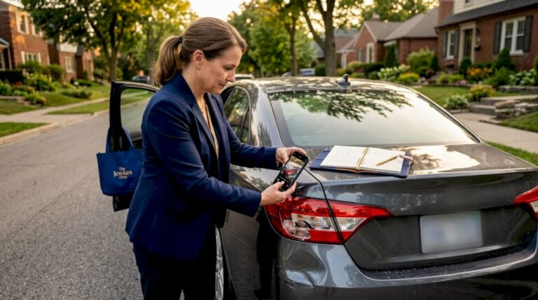 Woman documenting car accident evidence
