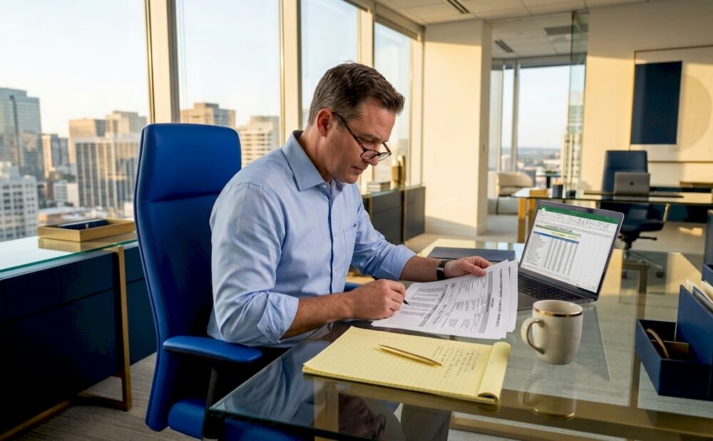 Claims adjuster reviewing trucking accident report