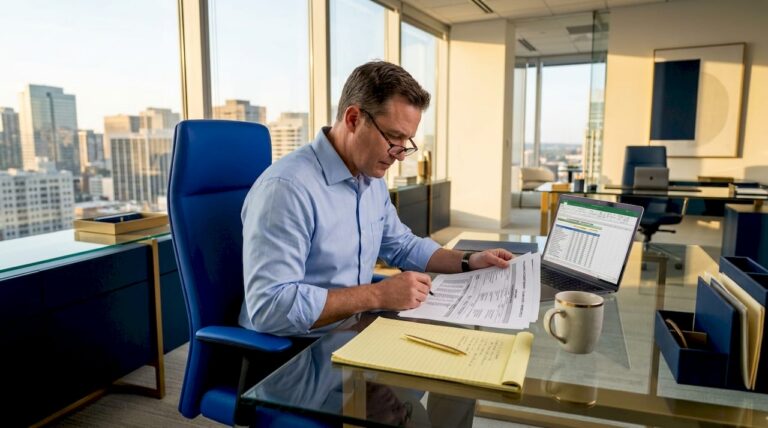 Claims adjuster reviewing trucking accident report